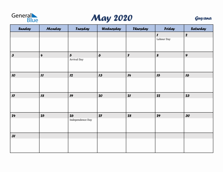 May 2020 Calendar with Holidays in Guyana