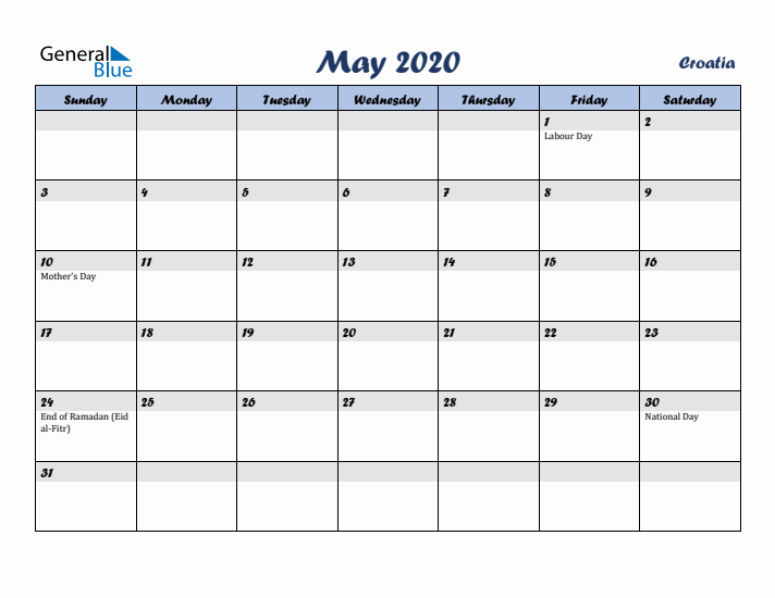 May 2020 Calendar with Holidays in Croatia