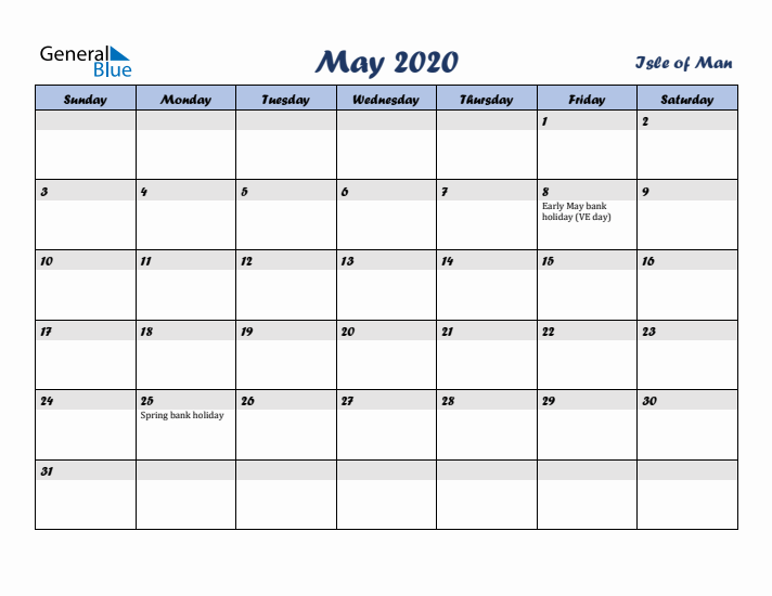 May 2020 Calendar with Holidays in Isle of Man