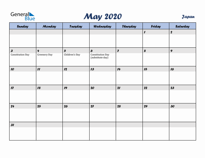 May 2020 Calendar with Holidays in Japan