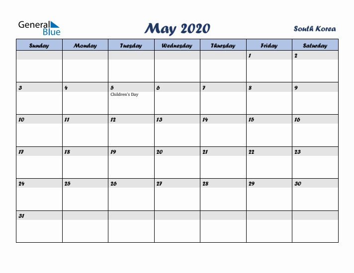 May 2020 Calendar with Holidays in South Korea