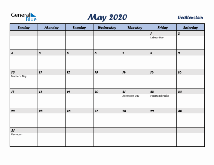 May 2020 Calendar with Holidays in Liechtenstein
