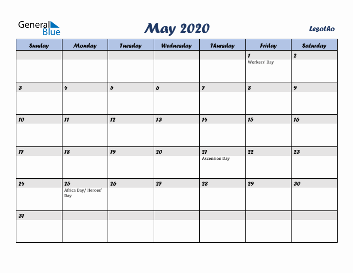 May 2020 Calendar with Holidays in Lesotho
