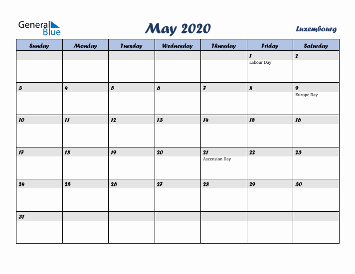 May 2020 Calendar with Holidays in Luxembourg