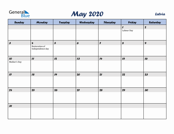May 2020 Calendar with Holidays in Latvia