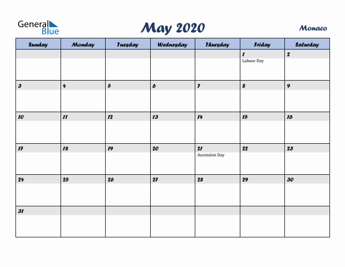 May 2020 Calendar with Holidays in Monaco