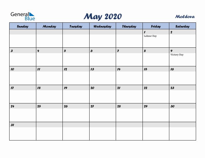 May 2020 Calendar with Holidays in Moldova