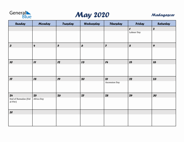 May 2020 Calendar with Holidays in Madagascar