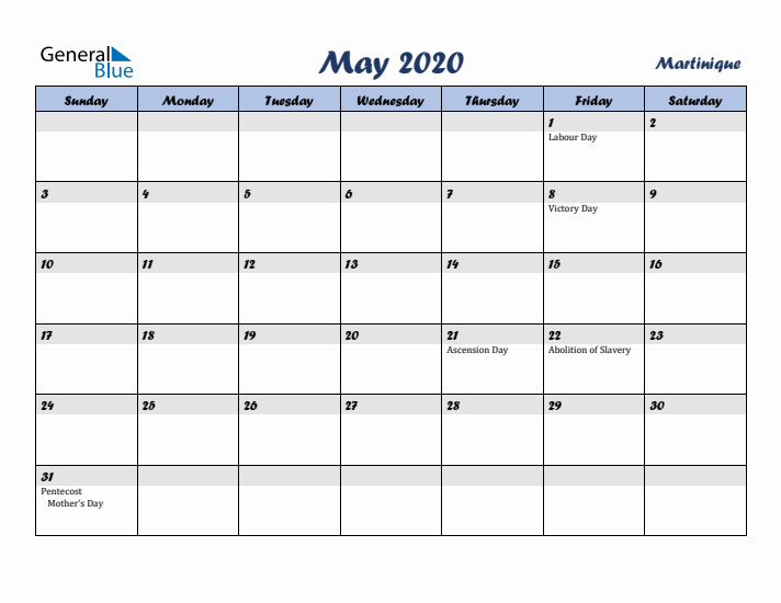 May 2020 Calendar with Holidays in Martinique