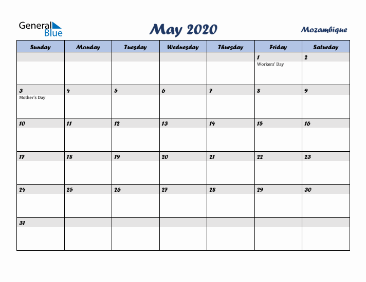 May 2020 Calendar with Holidays in Mozambique