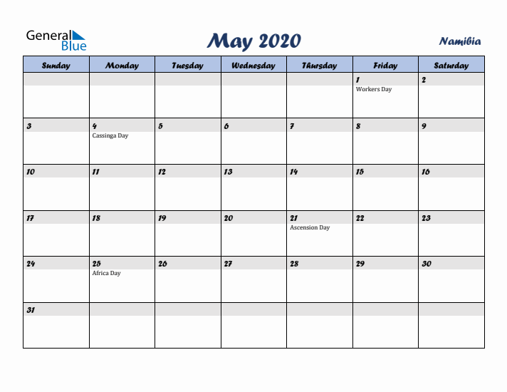 May 2020 Calendar with Holidays in Namibia