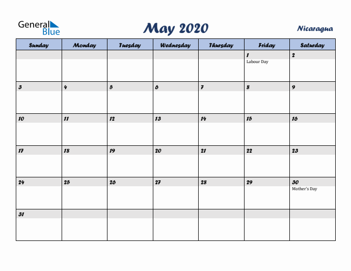 May 2020 Calendar with Holidays in Nicaragua