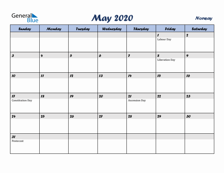 May 2020 Calendar with Holidays in Norway