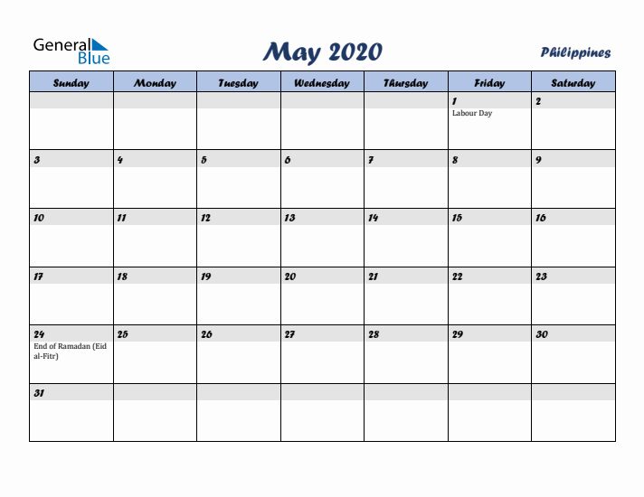 May 2020 Calendar with Holidays in Philippines