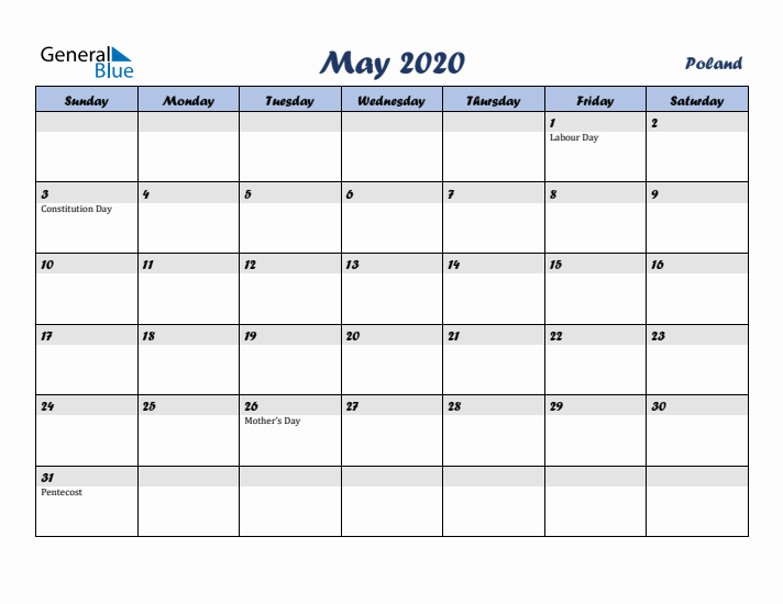 May 2020 Calendar with Holidays in Poland