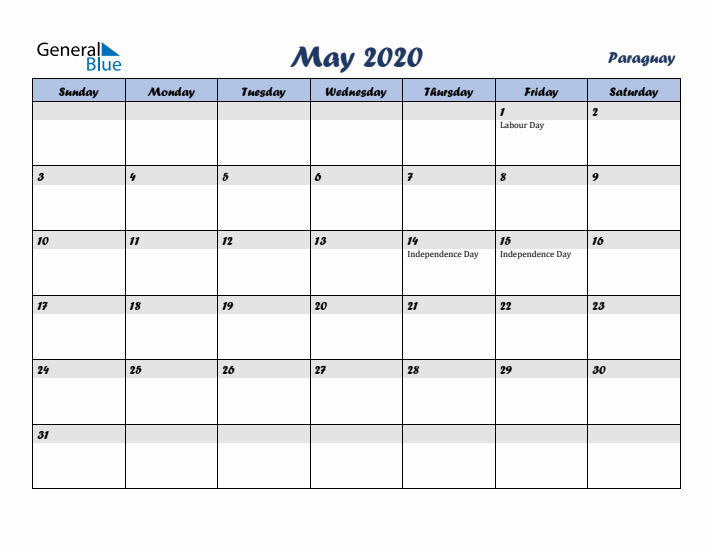 May 2020 Calendar with Holidays in Paraguay