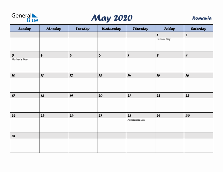 May 2020 Calendar with Holidays in Romania