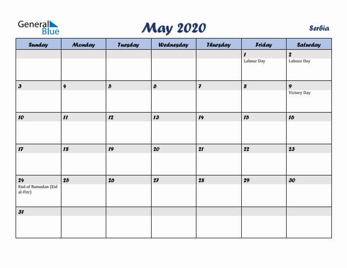 May 2020 Calendar with Holidays in Serbia