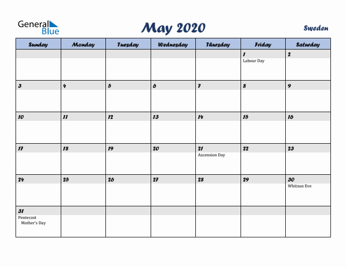 May 2020 Calendar with Holidays in Sweden