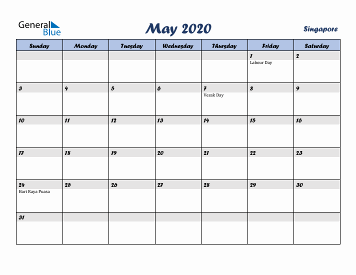May 2020 Calendar with Holidays in Singapore