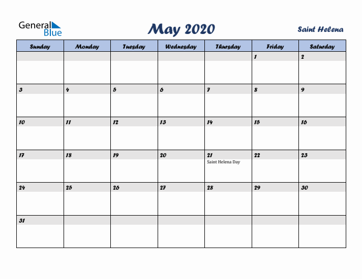 May 2020 Calendar with Holidays in Saint Helena