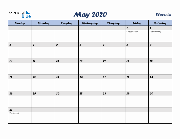 May 2020 Calendar with Holidays in Slovenia