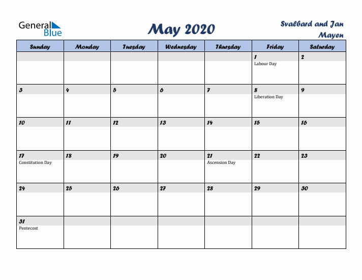 May 2020 Calendar with Holidays in Svalbard and Jan Mayen