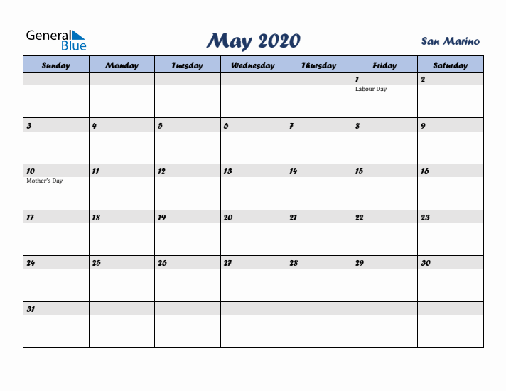 May 2020 Calendar with Holidays in San Marino