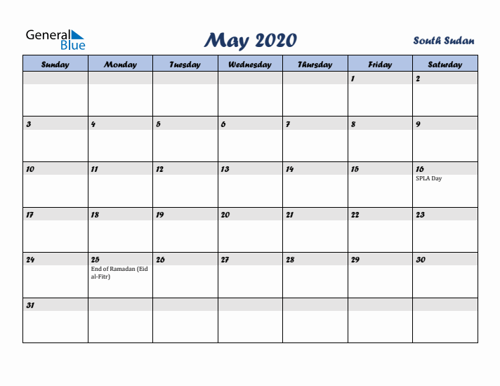May 2020 Calendar with Holidays in South Sudan