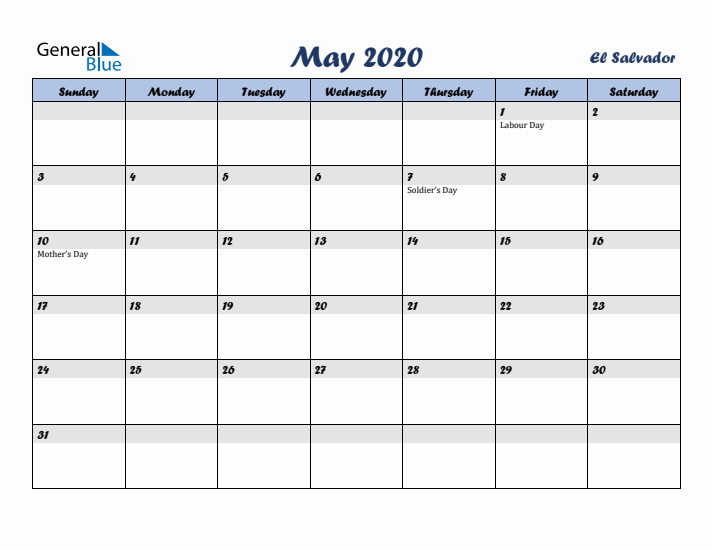 May 2020 Calendar with Holidays in El Salvador