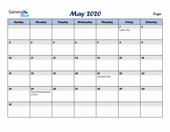 May 2020 Calendar with Holidays in Togo
