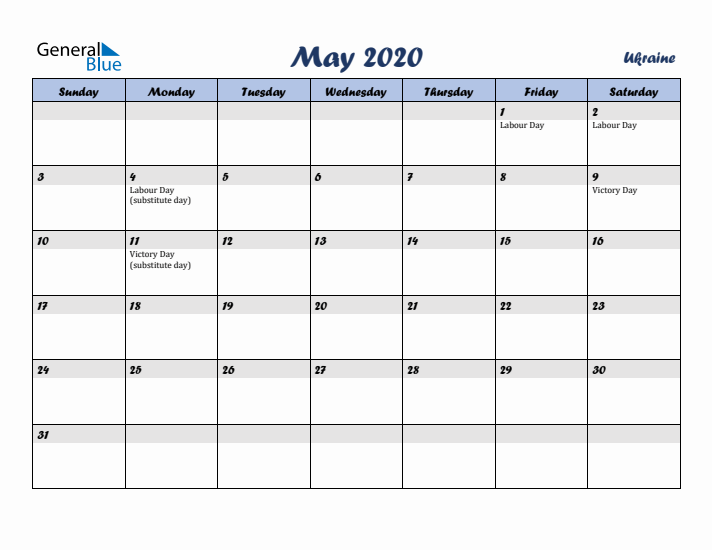 May 2020 Calendar with Holidays in Ukraine