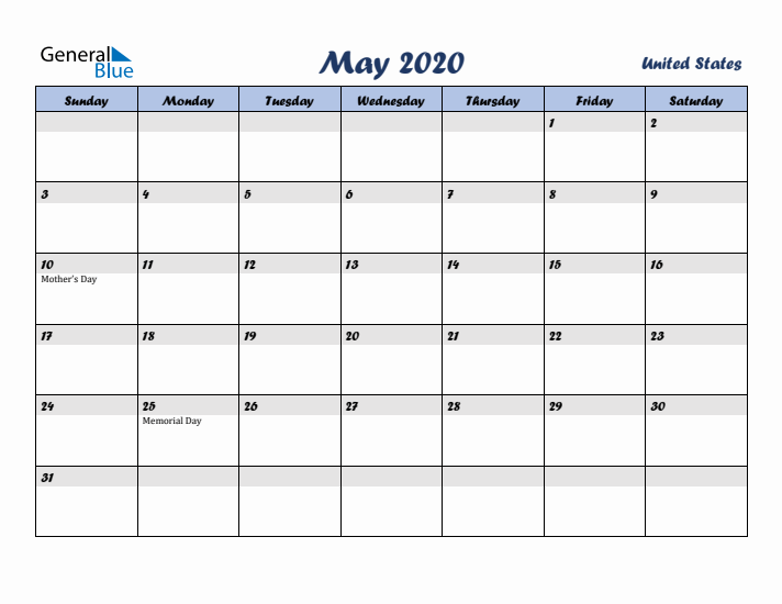 May 2020 Calendar with Holidays in United States