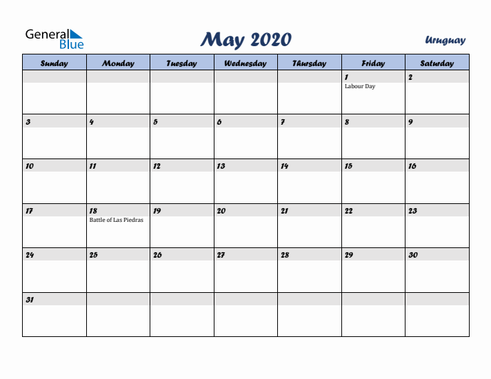 May 2020 Calendar with Holidays in Uruguay