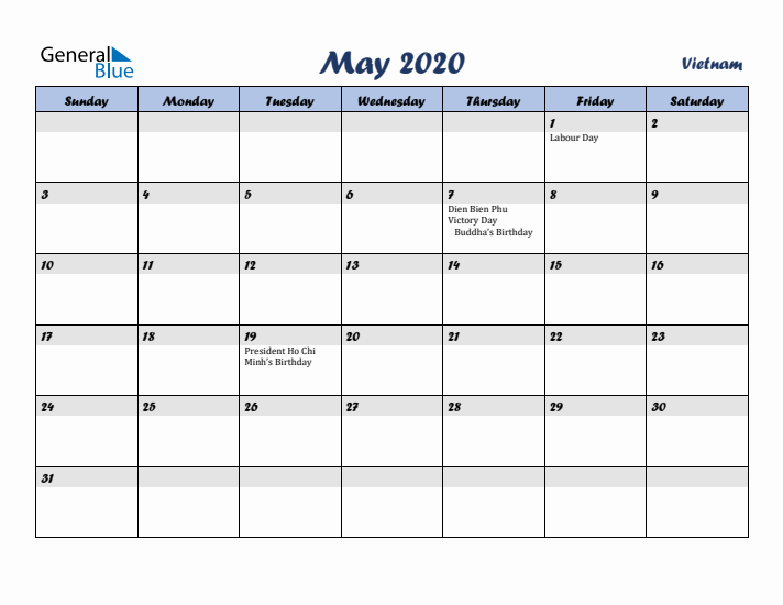 May 2020 Calendar with Holidays in Vietnam
