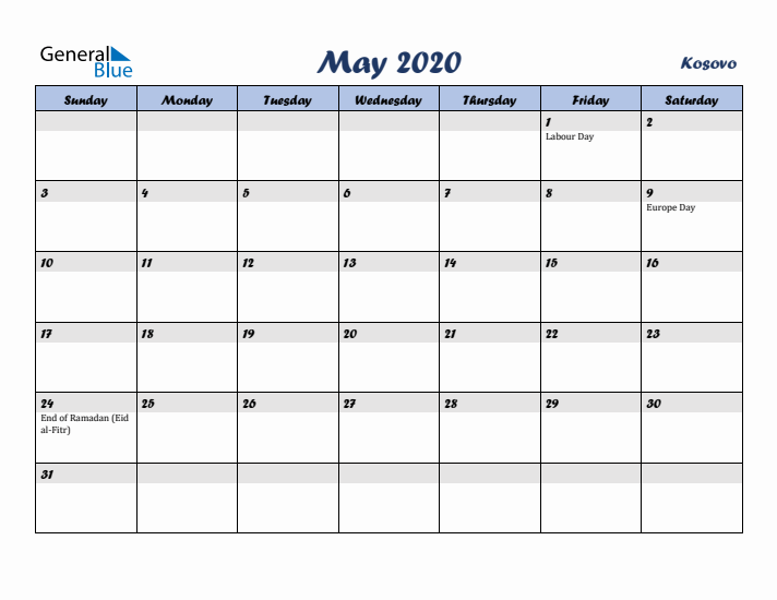 May 2020 Calendar with Holidays in Kosovo