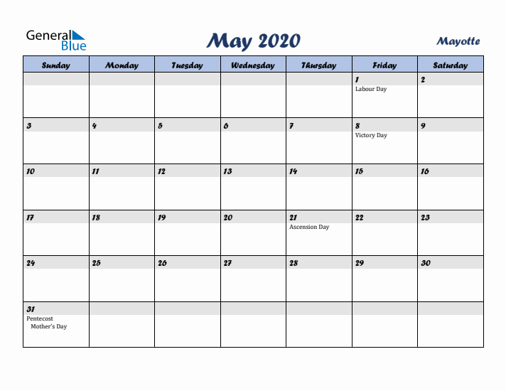 May 2020 Calendar with Holidays in Mayotte