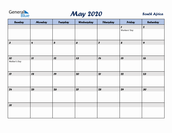 May 2020 Calendar with Holidays in South Africa