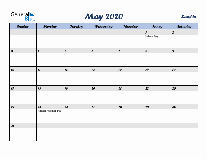 May 2020 Calendar with Holidays in Zambia