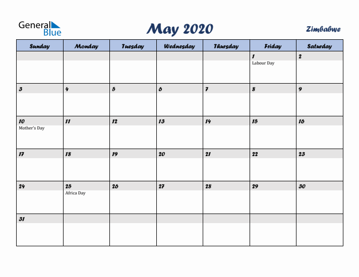 May 2020 Calendar with Holidays in Zimbabwe