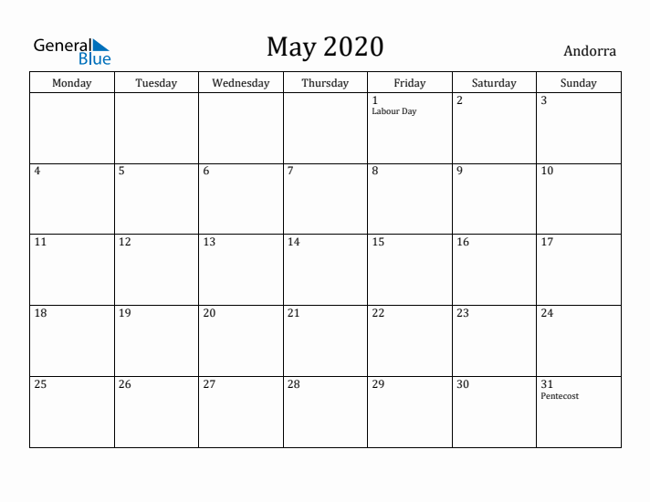 May 2020 Calendar Andorra