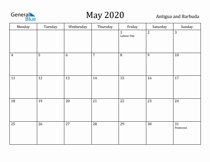 May 2020 Calendar Antigua and Barbuda
