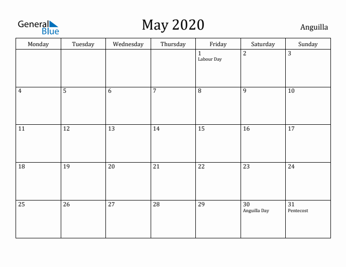 May 2020 Calendar Anguilla