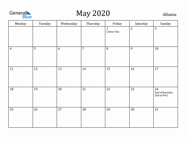 May 2020 Calendar Albania