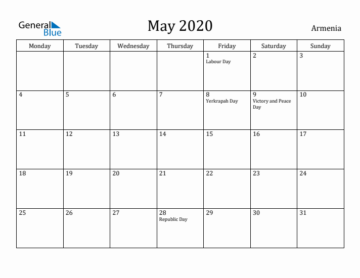 May 2020 Calendar Armenia