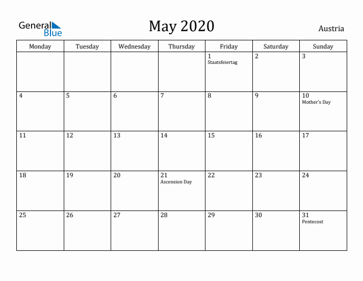 May 2020 Calendar Austria