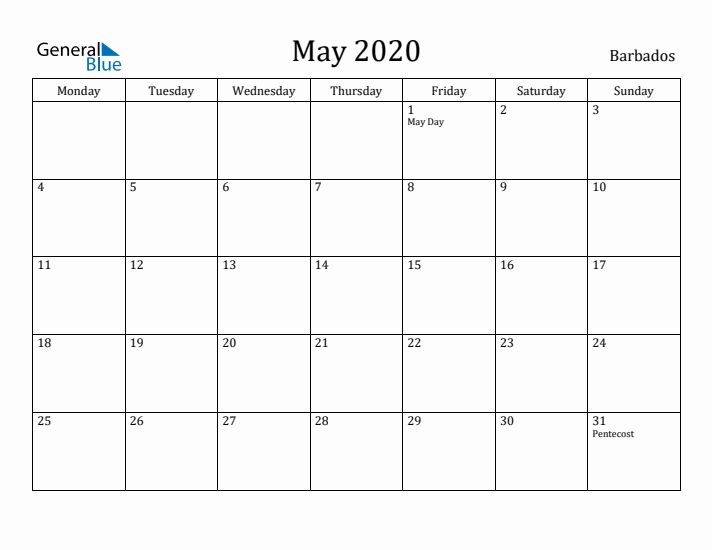 May 2020 Calendar Barbados