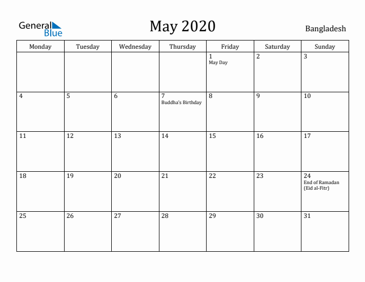 May 2020 Calendar Bangladesh
