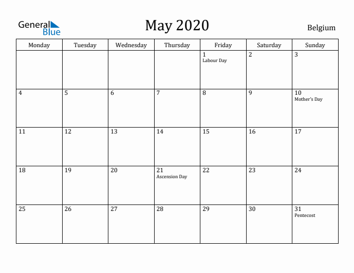 May 2020 Calendar Belgium