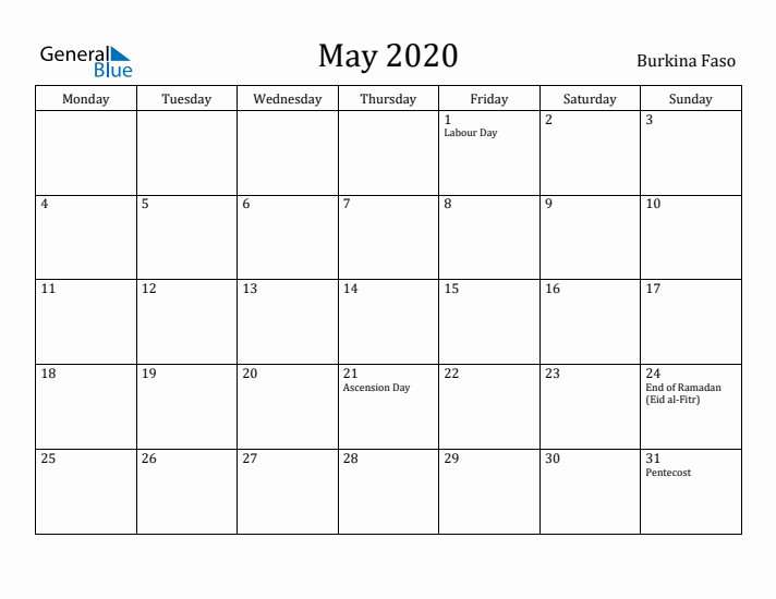 May 2020 Calendar Burkina Faso